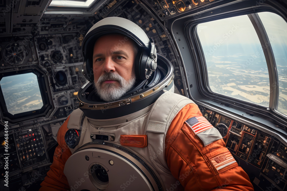 Digital photo of brutal old grey bearded man astronaut at Lunar Base. Generative AI Digital photo of brutal old grey bearded man astronaut at Lunar Base. Generative AI