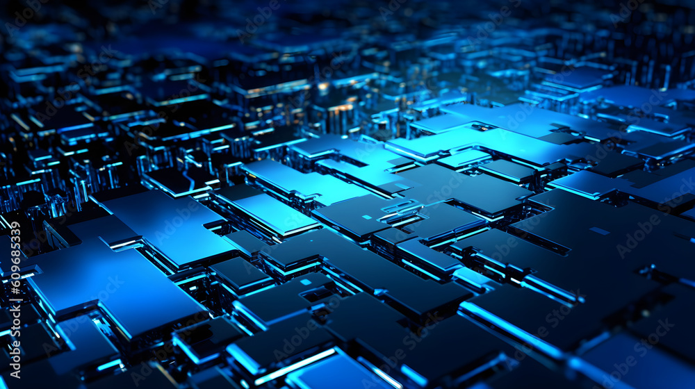 Fototapeta premium Blue cubes abstract geometric background, Electronic tilt shift, cross-processing/processed, 3D rendering GenerativeAI