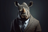 Portrait of a Rhinoceros dressed in a formal business suit, Boss Rhinoceros, created with generative AI