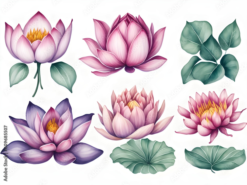 set of watercolor lotus on white background, generative ai set of watercolor lotus on white background, generative ai