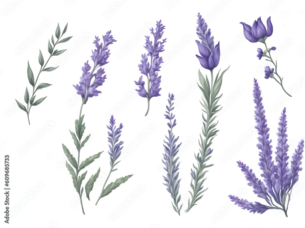 set of watercolor lavender on white background, generative ai set of watercolor lavender on white background, generative ai