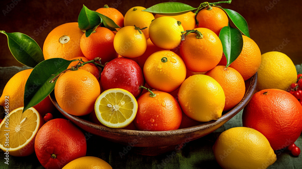 A bowl of vibrant citrus fruits, including oranges, lemons, and grapefruits, capturing their refreshing colors Generative AI