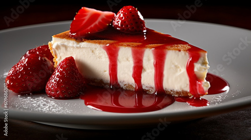 A luscious slice of creamy cheesecake topped with fresh strawberries and a drizzle of raspberry coulis Generative AI photo