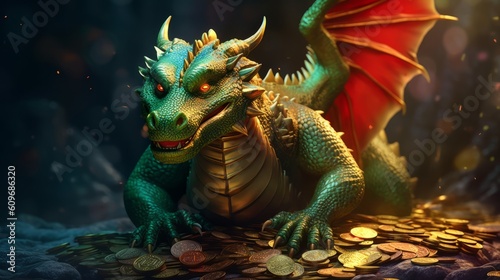 Red eyed dragon guarding a gold coin treasure. Made with Generative AI.