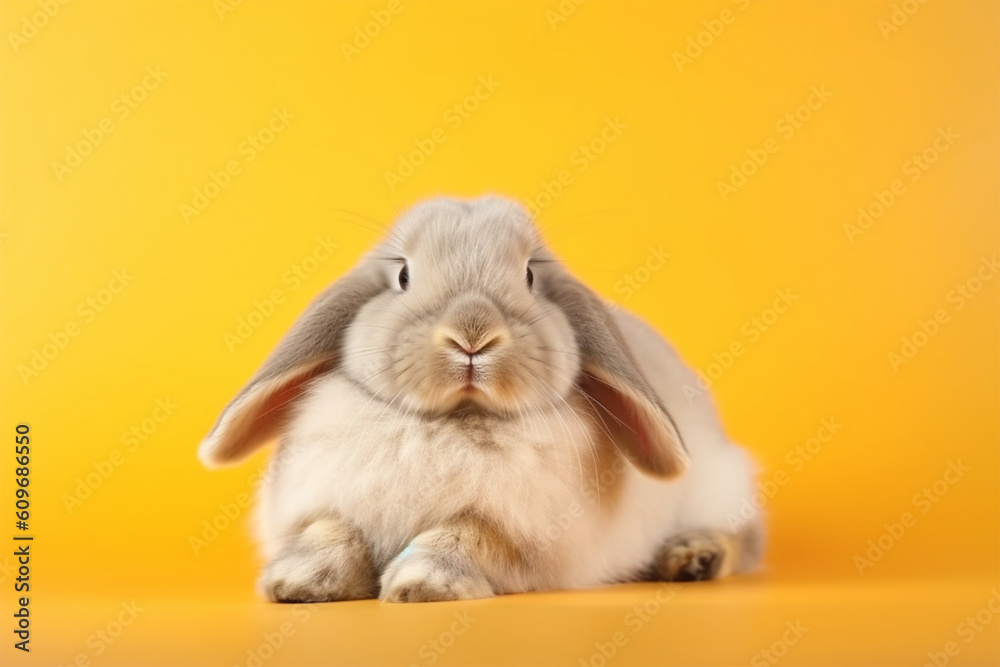 a cute bunny with ears down on a yellow background