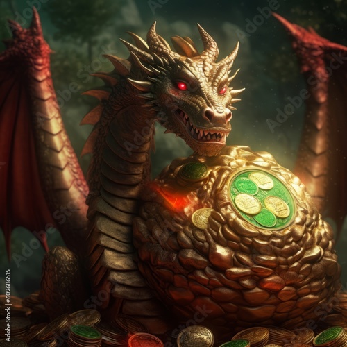 Red eyed dragon guarding a gold coin treasure. Made with Generative AI.