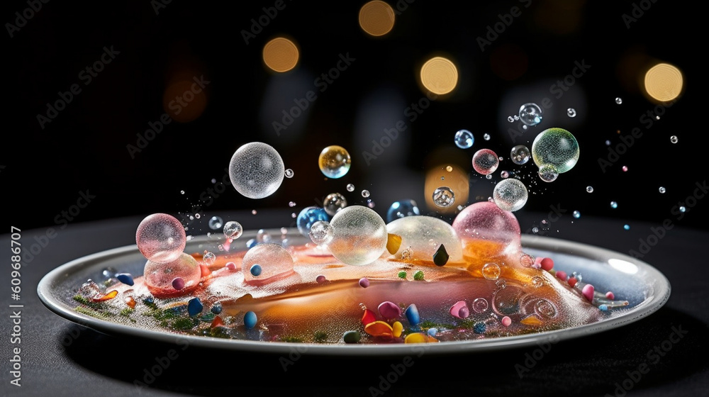 A plate adorned with edible bubbles filled with various flavors, creating a whimsical and playful dining experience Generative AI