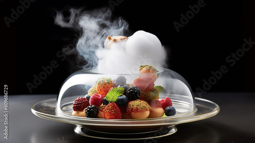 Fototapeta Naklejka Na Ścianę i Meble -  A molecular dessert presented as a smoking cloche, unveiling a delicate ensemble of nitrogen-frozen fruits and sorbets Generative AI