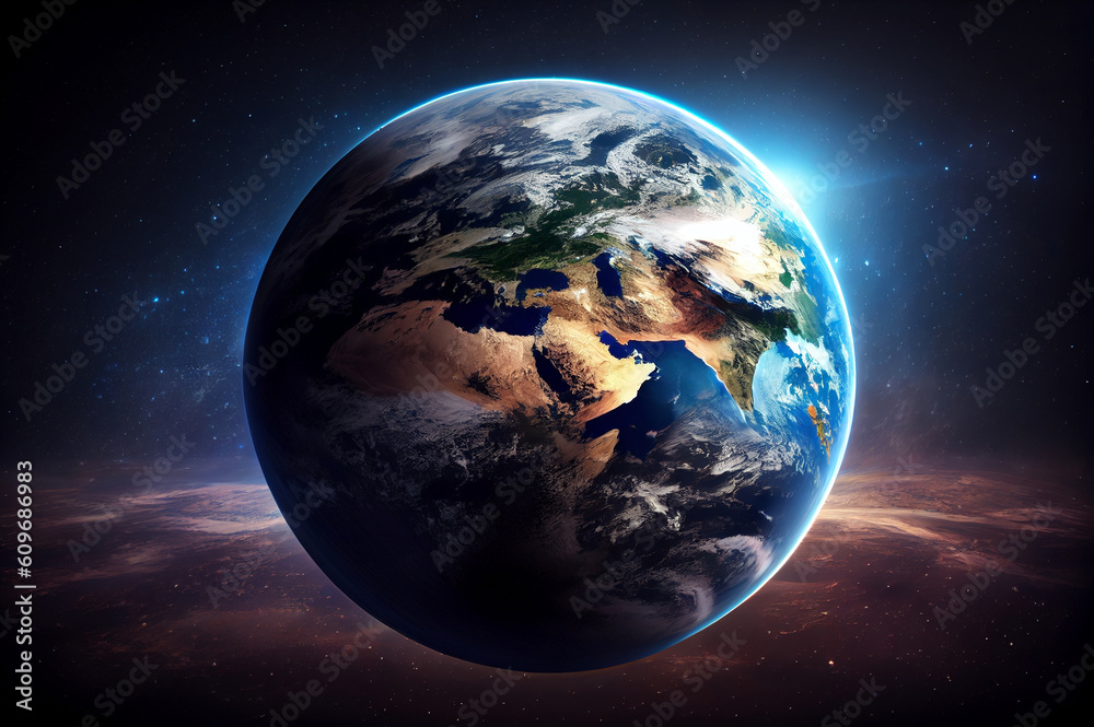 Obraz premium Planet Earth viewed from space. Realistic ilustration. Generative ai
