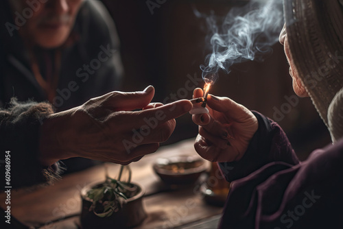 Close-up of couple smoking marijuana at home