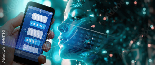Chatbot conversation Ai Artificial Intelligence technology online customer service.Digital chatbot, robot application with smartphone.