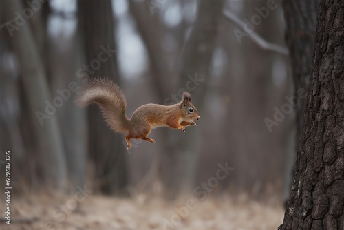 a squirrel jumps from a tree