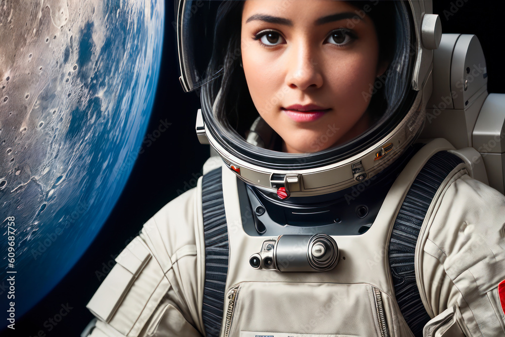 Digital photo of confident brutal woman astronaut at Lunar Base. Generative AI Digital photo of confident brutal woman astronaut at Lunar Base. Generative AI