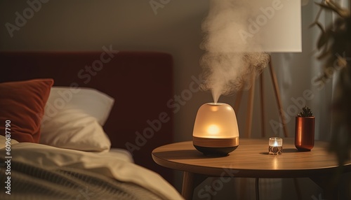 A warm-toned bedroom, humidifier on the table, Generative AI