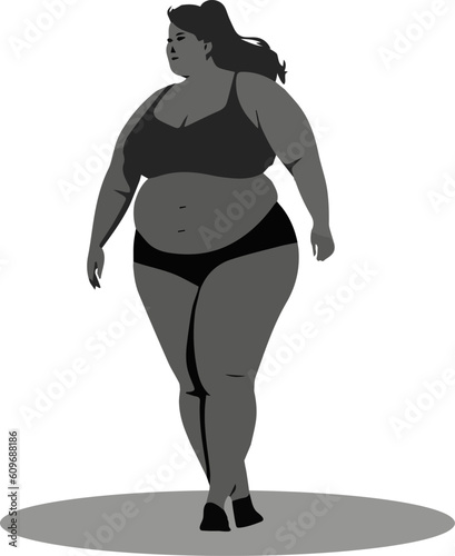 Vector illustration of black and white overweight female in bikini standing on round shaped surface and looking away pensively isolated on white background. Concept of plus size and body positive.