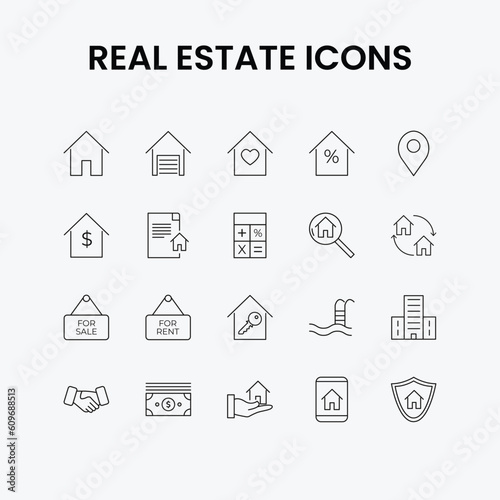 Outline Real Estate Icons Set. Thin line real estate icons. Includes house, mortgage, for sale, house insurance and more icons. Simple Vector Illustration.