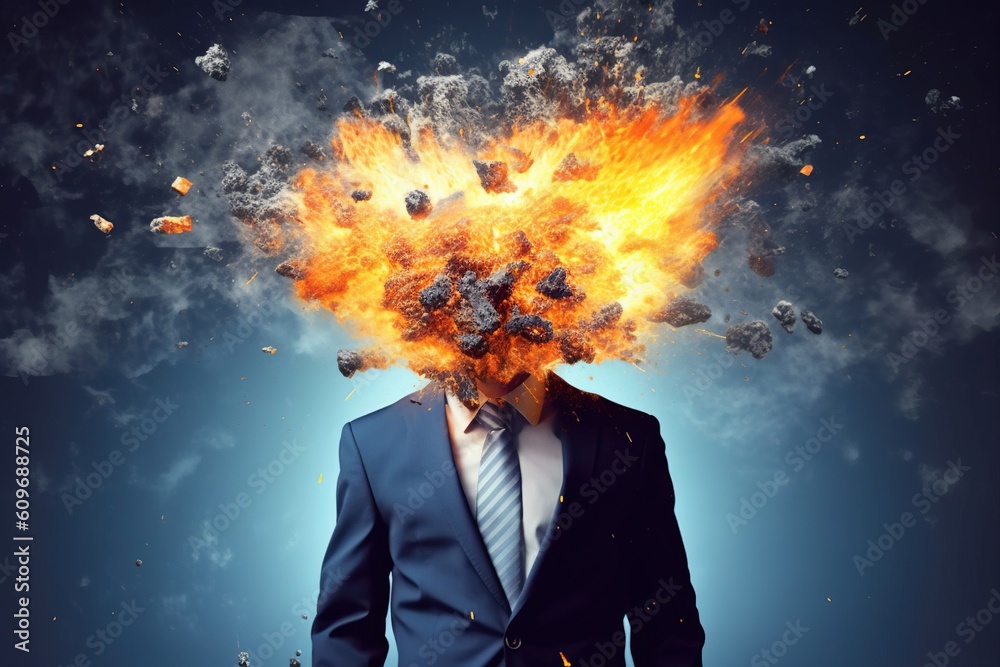 Poster Print Mind blowing idea head explosion illustration of businessman in chaos symbolizing brain overload and the explosive power of
