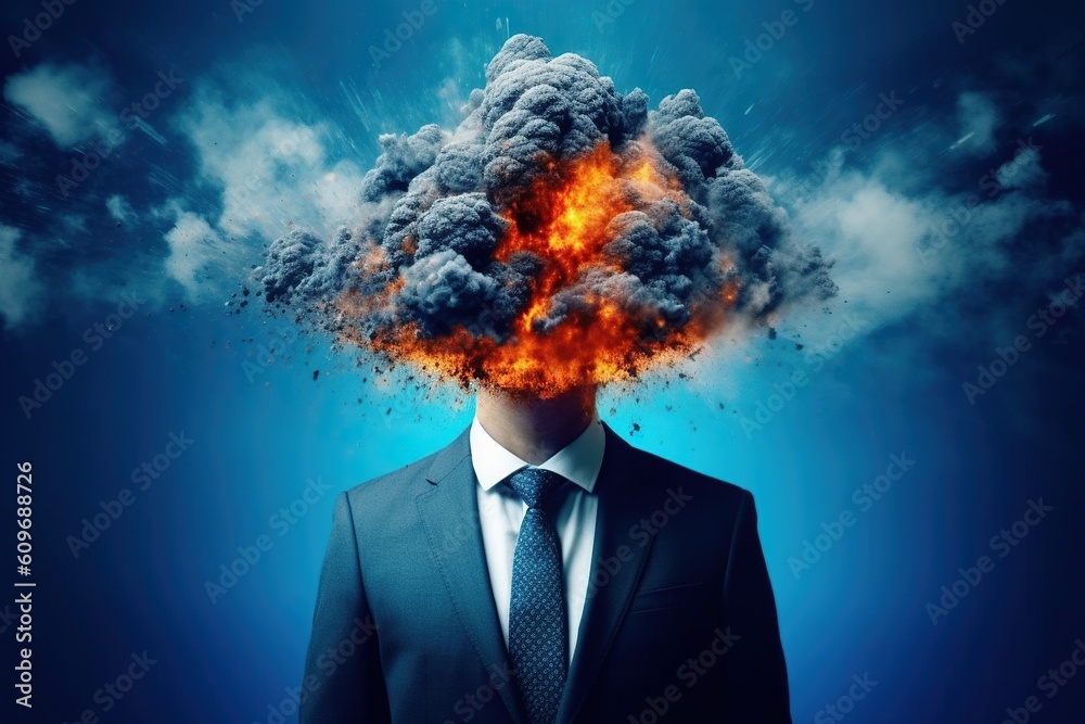 Mindblowing idea, head explosion illustration of businessman in chaos, symbolizing brain