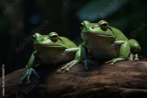 a pair of green frogs on a tree branch © imur