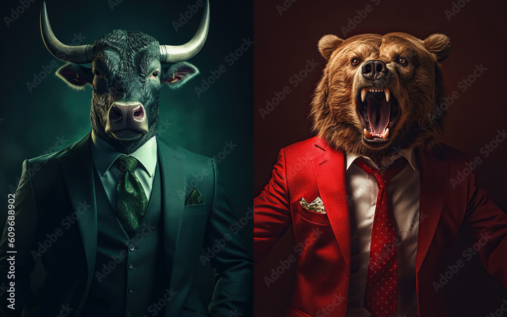 Bull versus bear in suits facing each other, trading on stock market. Bullish vs bearish trend. Generative AI Bull versus bear in suits facing each other, trading on stock market. Bullish vs bearish trend. Generative AI
