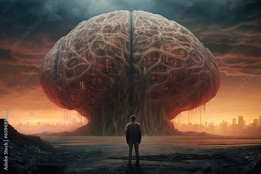 Man standing in front of a surreal giant brain monument, a conceptual
