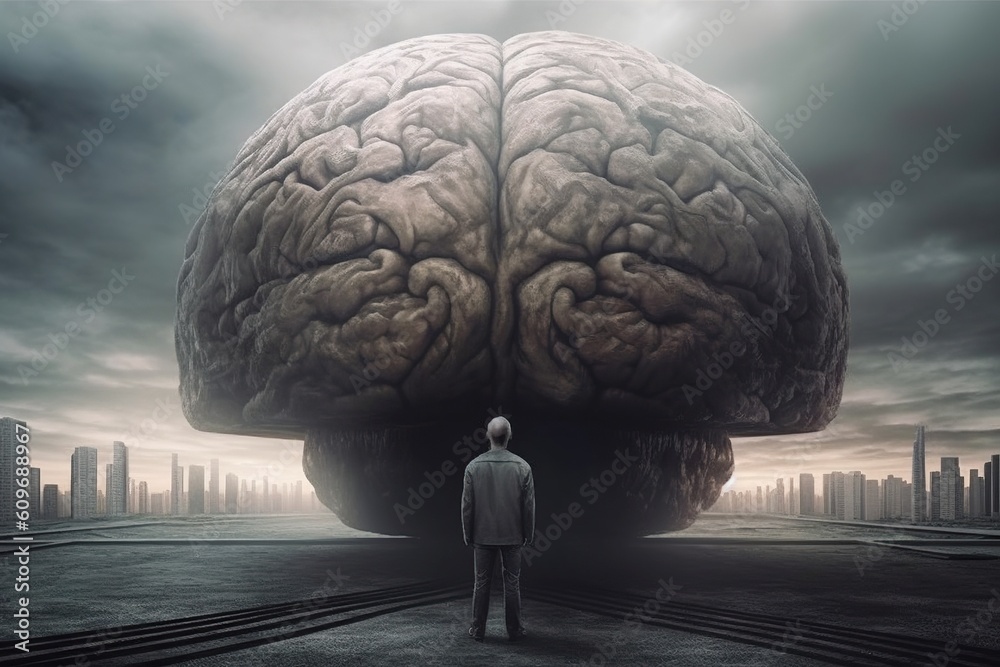 ภาพประกอบสต็อก Man standing in front of a surreal giant brain monument