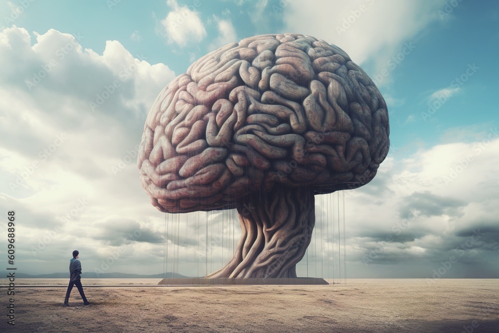 Man standing in front of a surreal giant brain monument, a conceptual
