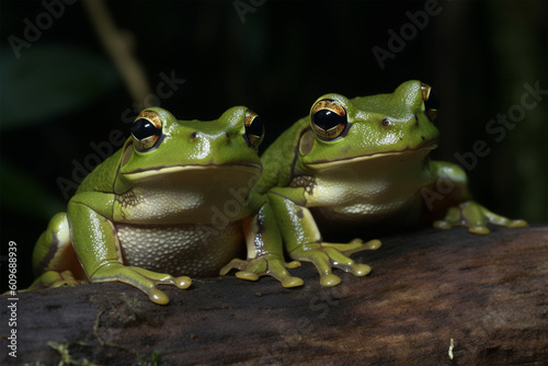 a pair of green frogs on a tree branch
