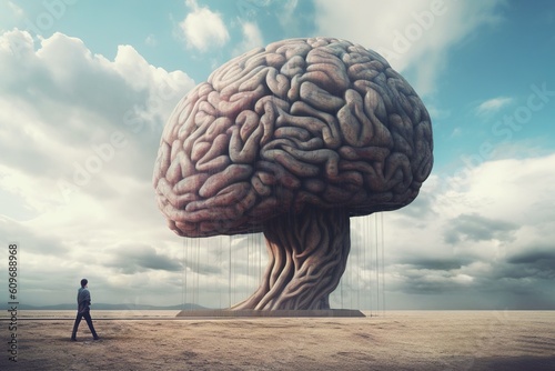 Man standing in front of a surreal giant brain monument, a conceptual portrayal of human intellect, knowledge, creativity and artificial intelligence. Generative AI