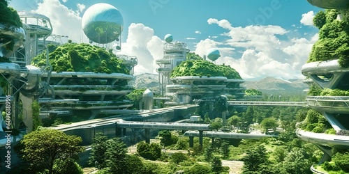 Banner of futuristic sustainable green city  concept of city of the future based on green energy and eco industry. Generative AI