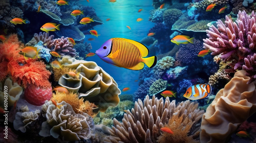 Tropical paradise, vibrant underwater landscape of colorful fish, coral reef in the caribbean, ideal for scuba and snorkel explorations. Generative AI