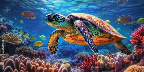 Tropical exploration, sea turtle in colorful coral reef underwater, vibrant marine life panorama. Generative AI © iridescentstreet