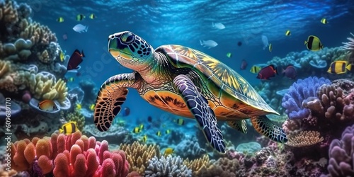 Tropical exploration  sea turtle in colorful coral reef underwater  vibrant marine life panorama. Generative AI