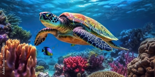 Tropical exploration, sea turtle in colorful coral reef underwater, vibrant marine life panorama. Generative AI