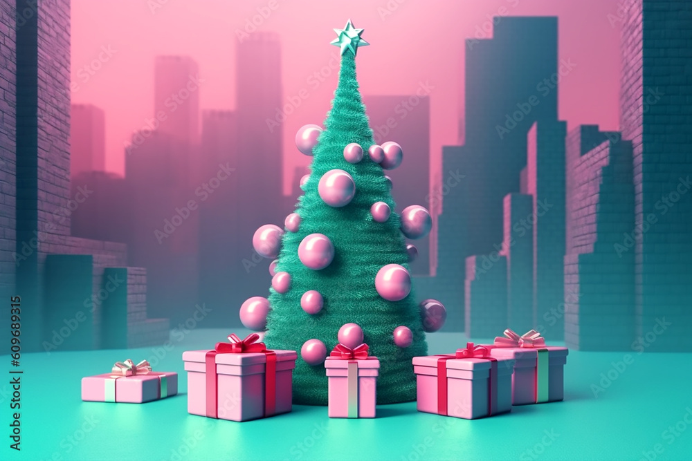 Christmas tree and pink gift boxes with pink bows. Generative AI Christmas tree and pink gift boxes with pink bows. Generative AI