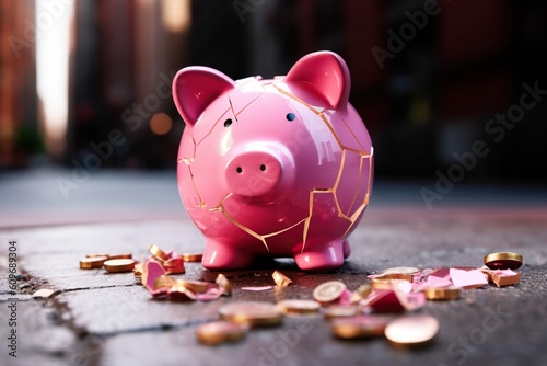 Financial crisis, broken piggy bank depicting bankruptcy, loss of investment and the economic stress. Generative AI