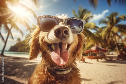 Dog summer vacation, funny pet with sunglasses sunbathing on a tropical beach, relaxed holiday spirit. Generative AI © iridescentstreet