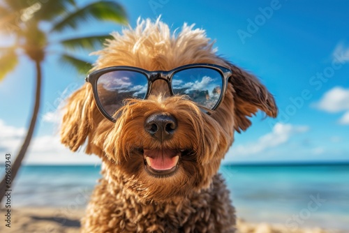 Dog summer vacation, funny pet with sunglasses sunbathing on a tropical beach, relaxed holiday spirit. Generative AI © iridescentstreet