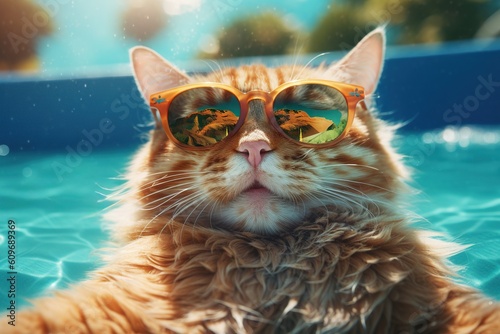 Cat summer vacation, funny pet with sunglasses sunbathing on a tropical beach, relaxed holiday spirit. Generative AI