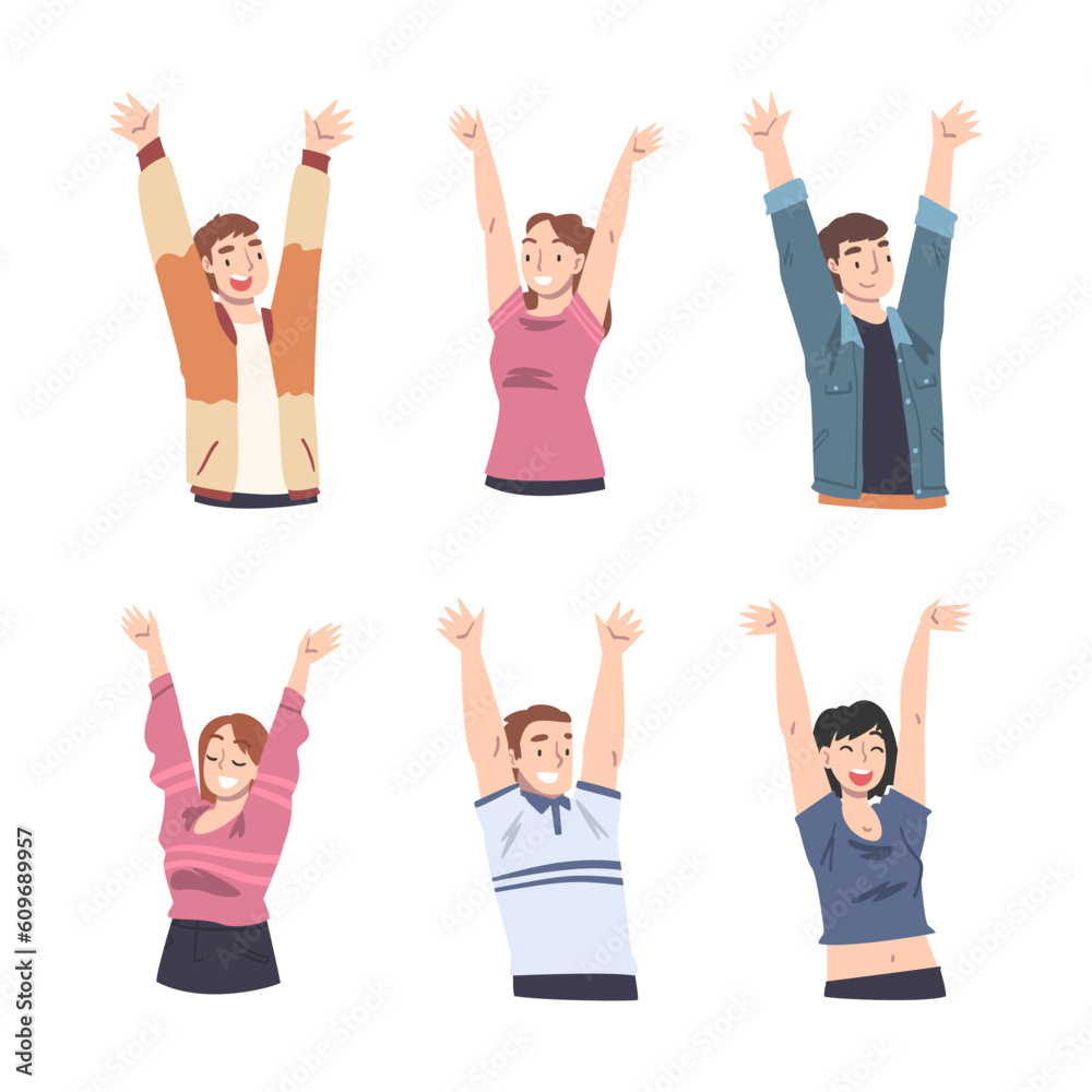 Fototapeta premium Happy Young People Character with Their Hands Raised Up Vector Set