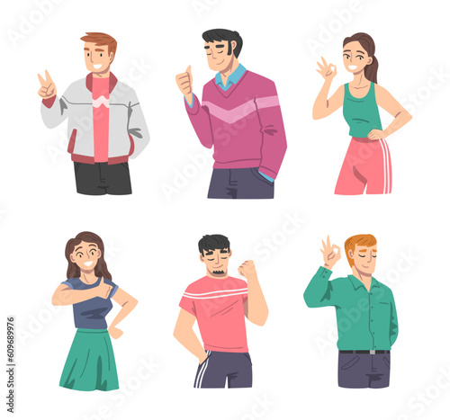 Elated Male and Female Showing Positive Gesture Vector Set