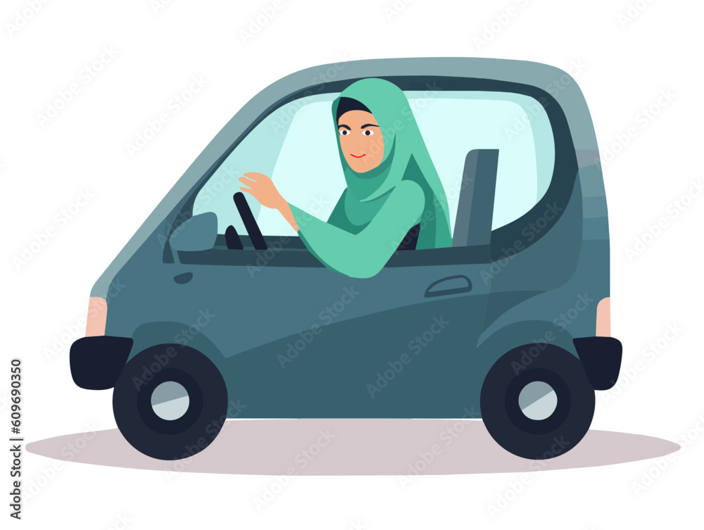 Muslim young woman with green veil driving a small car isolate on white background. Concept of muslim woman independence and autonomy. Muslim young woman with green veil driving a small car isolate on white background. Concept of muslim woman independence and autonomy.