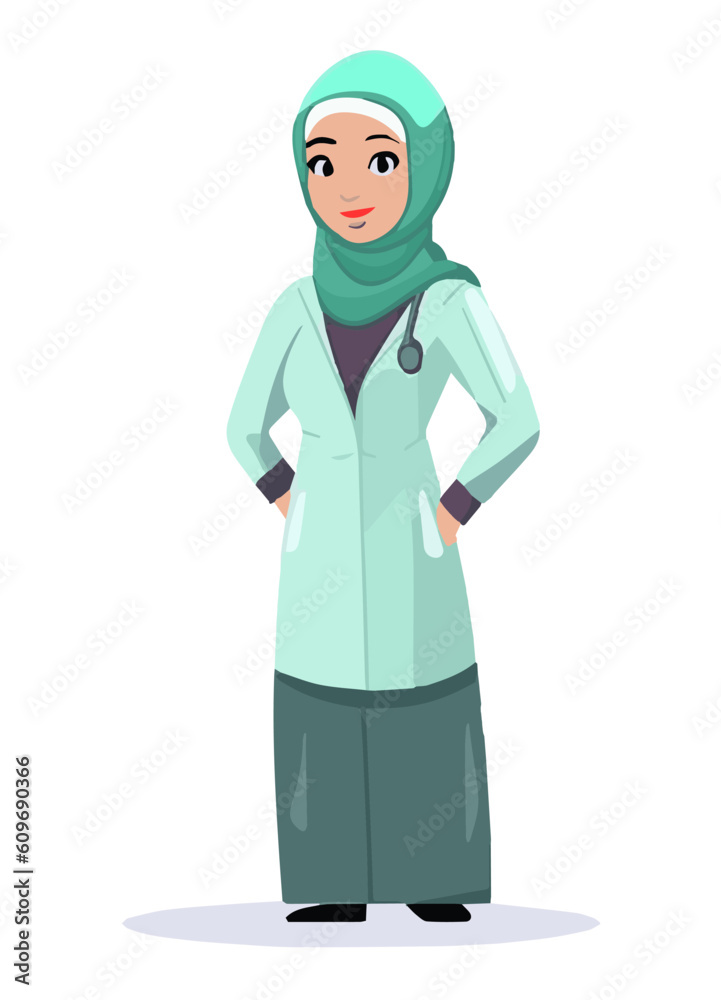 Happy nurse muslim woman dressed in nursing gown standing isolate on white background.