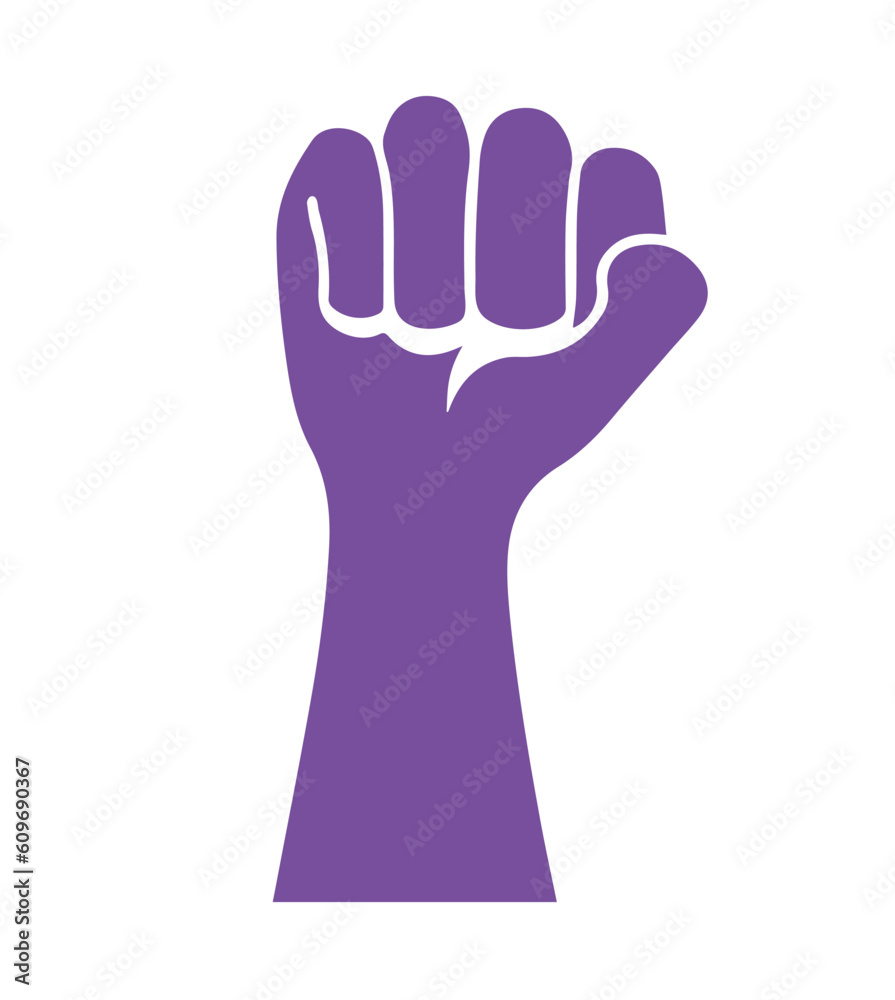 Conceptual and abstract feminist symbol or logo of an upraised hand in purple color isolated on white background. Conceptual and abstract feminist symbol or logo of an upraised hand in purple color isolated on white background.