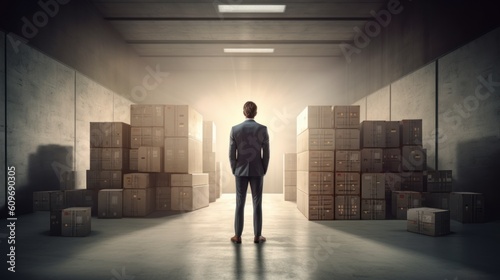 businessman standing in the room filled with packages  ai tools generated image