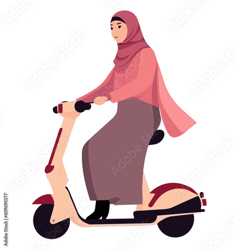 Muslim young woman with pink veil driving a modern electric scooter on white background. Concept of muslim woman independence and autonomy.