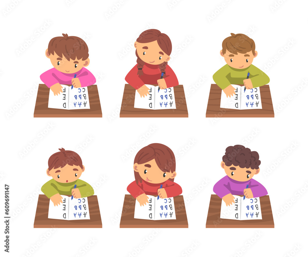 Kids Sitting at Desk and Writing Letters in Notebook Studying Alphabet Vector Set Kids Sitting at Desk and Writing Letters in Notebook Studying Alphabet Vector Set