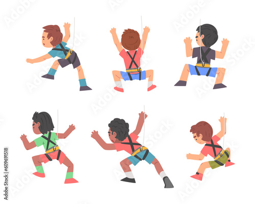 Little Boy Climbing Steep Rock or Wall with Harness Rope Engaged in Bouldering Training Vector Set