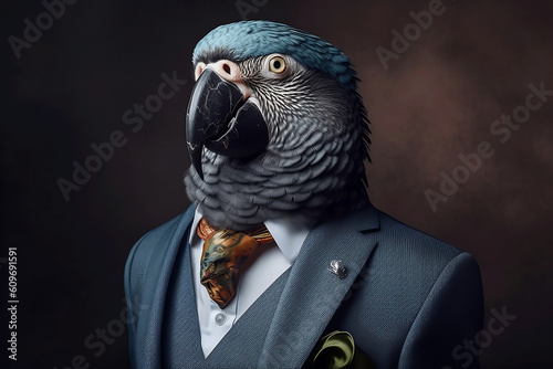 Portrait of a Parrot dressed in a formal business suit, Boss Parrot, created with generative AI