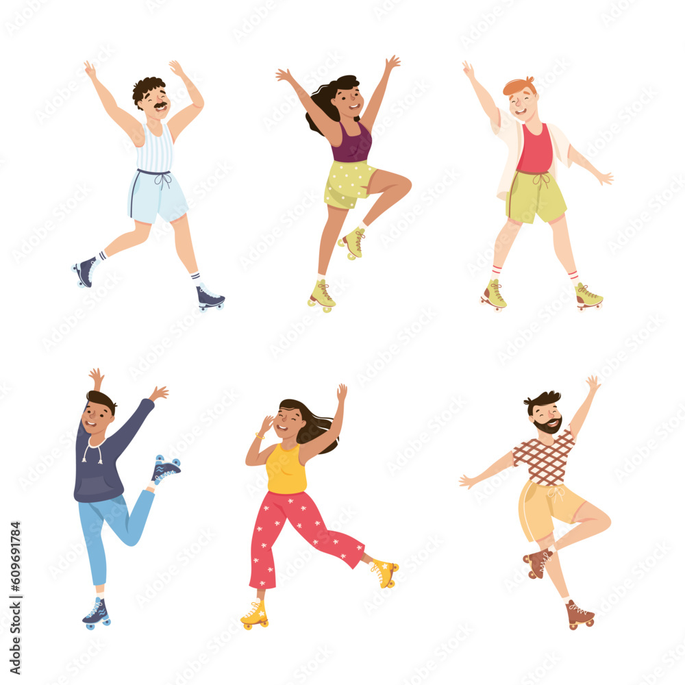 Excited Man and Woman Character Dancing on Roller Skates Vector Illustration Set